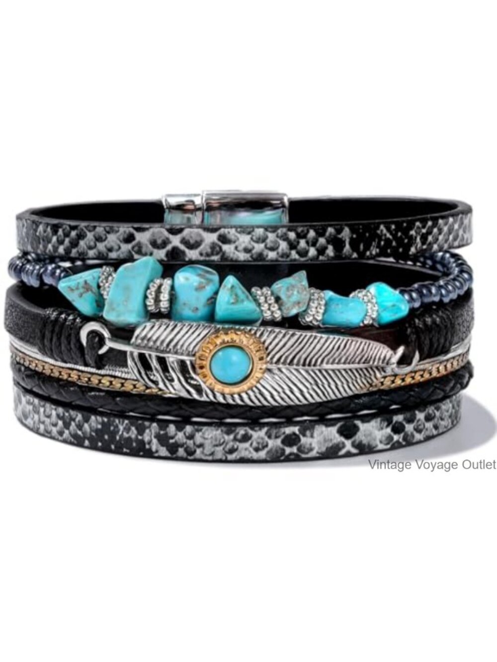 Turquoise Beaded Leather Cuff Bracelet Boho Feather Cowgirl Wrap